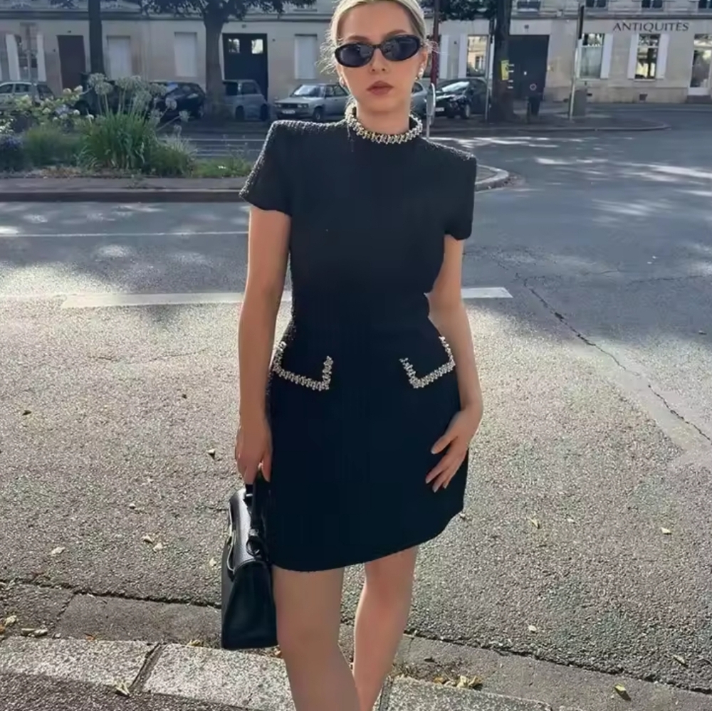 Fashion Solid Mock Neck Mini Dress Female Elegant Commuting Tweed Short Sleeve - Picture 2 of 7